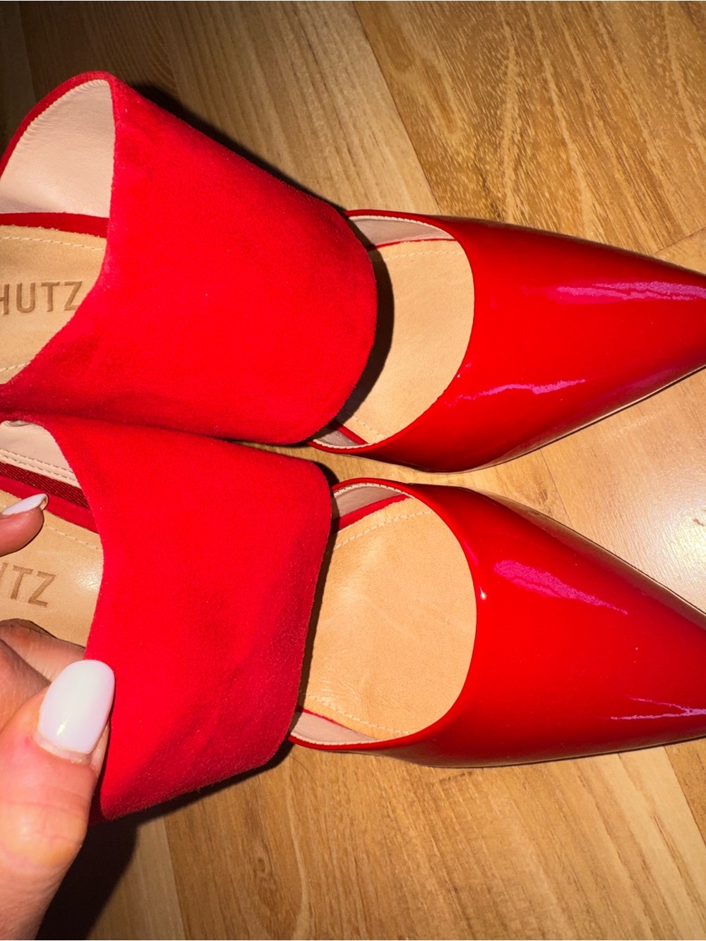 SCHUTZ Red Patent & Suede Pointed Slide Mules - Picture 7 of 12